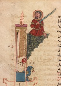 Een kaarsklok, folio uit Kitab fi ma`arifat al-hiyal al-handisaya (Het boek van kennis van ingenieuze mechanische apparaten) Automata door al-Jazari (d. 1206)