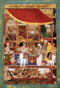 Keizer Jahangir weegt prins Khurram in goud, c. 1610-1615 door Manohar Manohar