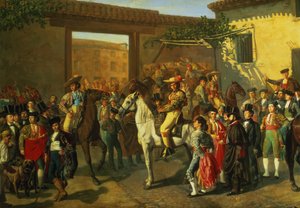 Paarden in een binnenplaats bij de stierenvechtring voor de stierengevecht, Madrid, 1853 (detail) door Manuel Castellano