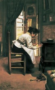 "Een vrouw voor het fornuis", schilderij door Manuel Cusi