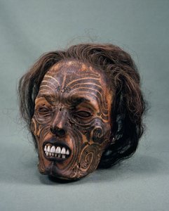 Hoofd van stamhoofd, getatoeëerd en gemummificeerd, Maori beschaving