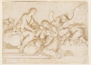 Ontwerp voor een Monochrome Muur Schildering, Kerk van Corpus Domini, Bologna, Italië, St. Caterina Vigri Ontvangt het Kind van de Maagd door Marc Antonio Franceschini