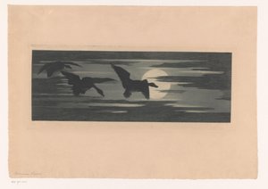 Drie eenden trekkend langs de ondergaande zon door Marc Henry Meunier (attributed to)