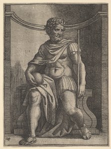Een Romeinse keizer zittend in een nis met een globe en scepter, ca. 1500-1534 door Marcantonio Raimondi