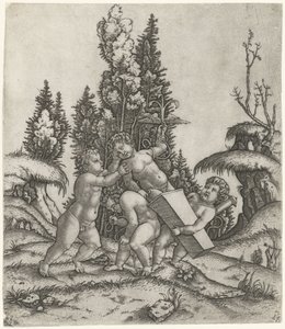 Amor en twee putti of kinderen dragen beeld van putti met gevleugeld anker op sokkel door Marcantonio Raimondi