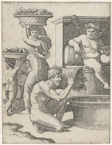 Bacchus kijkt toe hoe een man en vrouw en twee kinderen manden met druiven dragen voor de bereiding van wijn door Marcantonio Raimondi