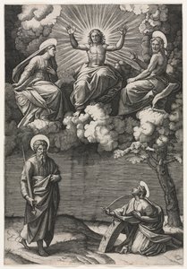 Christus, de Maagd en Johannes de Doper met de heiligen Paulus en Catharina, ca. 1520-1525 door Marcantonio Raimondi
