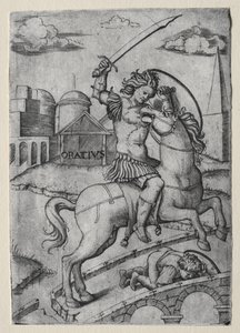 Horatius Cocles verdedigt de Sublicische brug door Marcantonio Raimondi