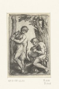 Jonge herder met schalmei en oude herder met panfluit door Marcantonio Raimondi