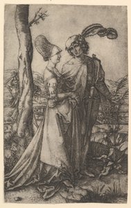 Heer en dame wandelen met de figuur van de dood die zich achter een boom verstopt, een zandloper vasthoudend door Marcantonio Raimondi