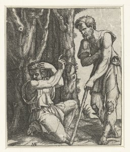 Man knielt en wendt zich af van bedelaar aan bosrand door Marcantonio Raimondi