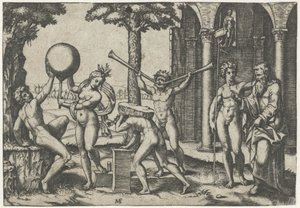 Man met twee trompetten en man met steen op zijn rug geflankeerd door man en vrouw met globe en oude en jonge man door Marcantonio Raimondi
