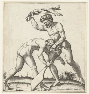 Man vechtend met vrouw als personificatie van Fortuin (Fortuna) door Marcantonio Raimondi