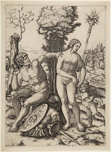 Mars, Venus en Cupido door Marcantonio Raimondi