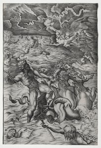 Neptunus kalmeert de storm die Aeolus tegen de vloot van Aeneas heeft opgewekt door Marcantonio Raimondi