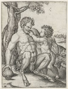 Pan met drinkbeker en Bacchus als kind met druiventros door Marcantonio Raimondi
