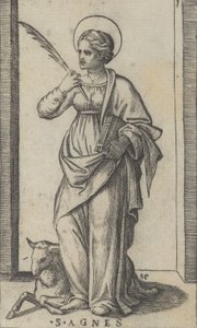 Sint Agnes met een palm in haar rechterhand, een schaap linksonder, ca. 1500-1527 door Marcantonio Raimondi