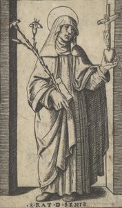 Sint Catharina van Siena staande met bloemen en boek in haar rechterhand door Marcantonio Raimondi