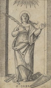 Heilige Cecilia staand met een palmtak van martelaarschap in haar rechterhand, ca. 1500-1527 door Marcantonio Raimondi