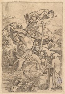 Sint Christoffel steekt de rivier over met Christus in de vorm van een putto op zijn schouder, ca. 1500-1534 door Marcantonio Raimondi
