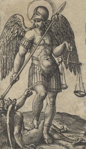 Sint Michaël met weegschaal en lans, een demon onder hem, uit de serie 