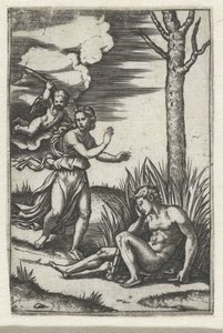 Slapende man en nimf achtervolgd door Amor door Marcantonio Raimondi