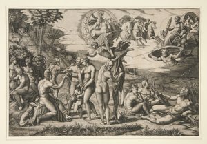 Het Oordeel van Parijs, naar Raphael, c.1510-20 door Marcantonio Raimondi