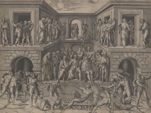 Het martelaarschap van Sint Laurentius, naar Bandinelli door Marcantonio Raimondi