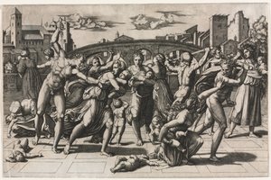 De Slachting van de Onschuldigen (Zonder de Spar) door Marcantonio Raimondi
