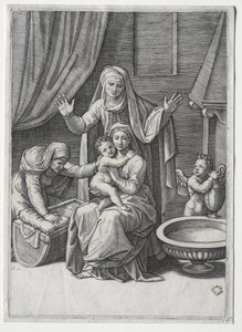 De Maagd en de Wieg met Sint Elisabeth en Sint Anna door Marcantonio Raimondi