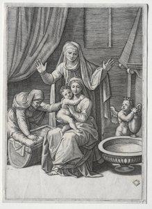 De Maagd en de wieg met Sint Elisabeth en Sint Anna, 1520 door Marcantonio Raimondi