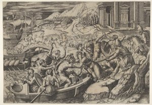 De ontvoering van Helena, gevechtsscène aan een kust met twee mannen die Helena in een boot trekken, ca. 1520-27 door Marcantonio Raimondi