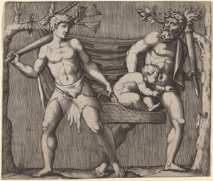 Twee Faunen die een Kind Dragen door Marcantonio Raimondi