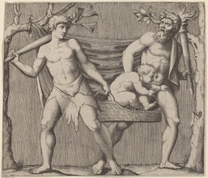 Twee Faunen die een Kind Dragen door Marcantonio Raimondi