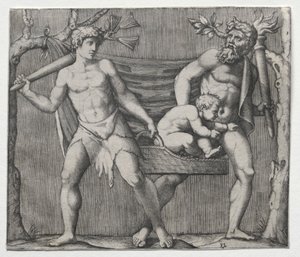 Twee Faunen die een Kind in een Mand dragen door Marcantonio Raimondi