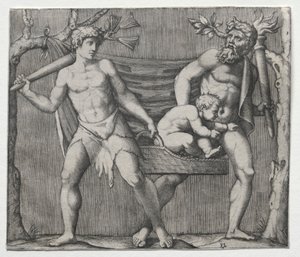 Twee faunen die een kind in een mand dragen, ca. 1513-1515 door Marcantonio Raimondi