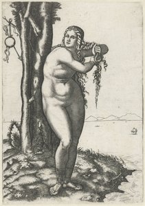 Venus staat op waterkant en wringt water uit haar haar door Marcantonio Raimondi