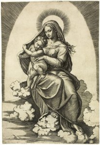 Maagd en Kind Zittend op Wolken door Marcantonio Raimondi