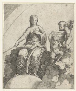 Vrouw met boek en scepter als personificatie van Filosofie zittend op wolken en voeten rustend op globe met naast haar twee putti door Marcantonio Raimondi