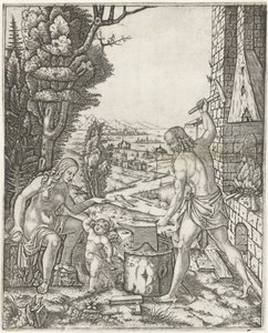 Vulcanus smeedt pijlen en vleugels voor Amor in aanwezigheid van Venus door Marcantonio Raimondi