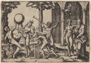 De Man met Twee Trompetten door Marcantonio Raimondi after Baccio Bandinelli