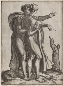 Twee Naakte Mannen door Marcantonio Raimondi after Michelangelo