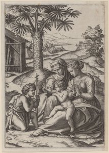 Madonna onder een Palmboom door Marcantonio Raimondi after Raphael