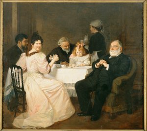 Francisque Sarcey, literair criticus, ten huize van de dochter van Adolphe Brisson ... (schilderij op doek) door Marcel Andre Baschet