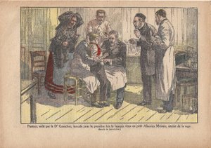 Pasteur, bijgestaan door Dr. Grancher, inoculeerde voor het eerst het beroemde virus bij de kleine Elzasser meester, besmet met hondsdolheid., Le Pèlerin, 5/11/1922