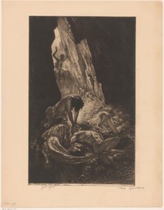 Interieur van een donkere grot met wezens die een naakte man verorberen door Marcel Roux (signed by artist)