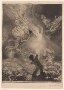 Vlam in de vorm van een vrouw, met daaromheen mannen met vleugels die zich branden en neerstorten door Marcel Roux (signed by artist)