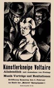 Poster voor de opening van het Cabaret Voltaire op 1916-02-05 door Marcel Slodki