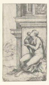 Vrouw met kind zit bij klassiek gebouw door Marcello Fogolino