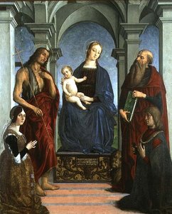 Madonna en Kind met St. Hiëronymus en St. Johannes de Doper en Schenkers door Marco (attr. to) Meloni